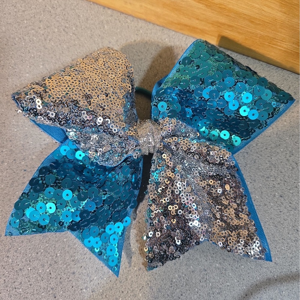 Allstar Cheer Bow 3", Stiff Aqua And Silver, Sequins